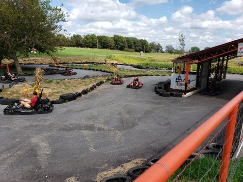 Go-kart track with several karts racing, surrounded by trees and fields under a partly cloudy sky.