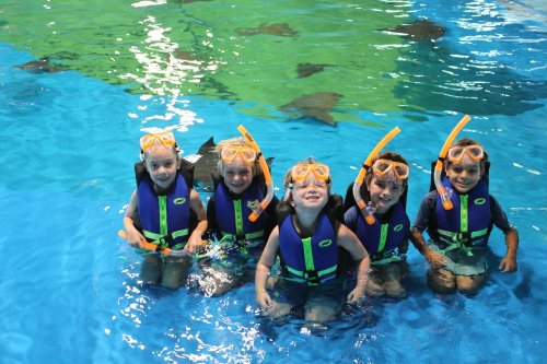 Five children in snorkeling gear smile while standing in a blue pool, surrounded by water and marine life.