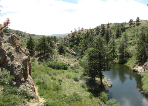A serene landscape featuring a winding river surrounded by lush greenery and rocky hills under a blue sky.