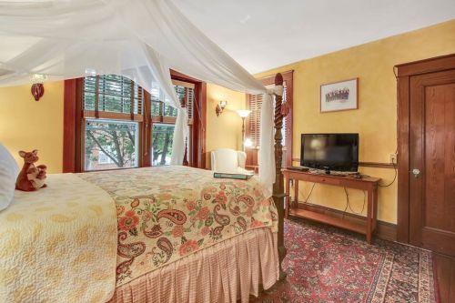 Cozy bedroom with a floral bedspread, canopy, TV, and large windows letting in natural light.