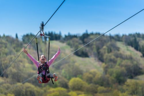 A child joyfully zip-lining through a scenic landscape, arms raised in excitement against a clear blue sky.