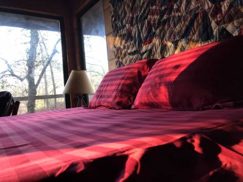 A cozy bedroom with a red plaid bedspread and pillows, sunlight streaming through a window, casting shadows.