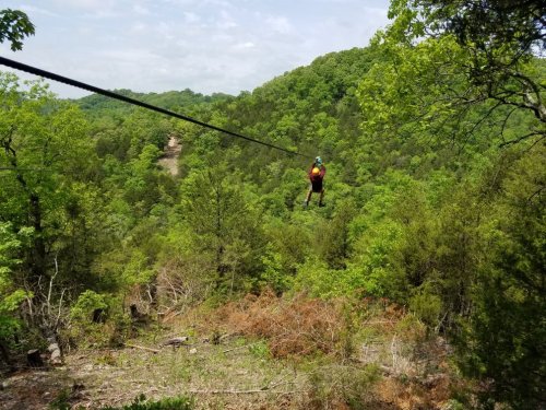 A person zip-lining over a lush green forest with trees and hills in the background.