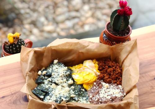 A colorful plate of food featuring green tortillas, scrambled eggs, chorizo, and beans, with a small cactus in the background.