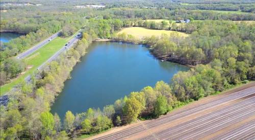 Aerial view of a serene lake surrounded by lush greenery and fields, with a road running alongside.