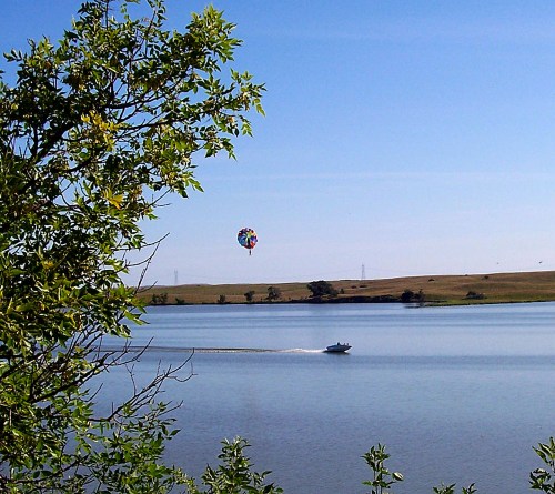 A colorful parachute glides above a calm lake, with a boat speeding below and green trees framing the scene.