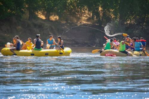 Groups of people in yellow rafts enjoying a sunny day on the water, splashing and having fun.