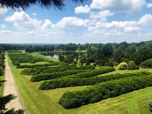 A lush green landscape with neatly trimmed hedges, a pond, and a blue sky with fluffy clouds in the background.