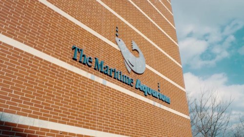 Sign for "The Maritime Aquarium" on a brick building with a cloudy sky in the background.