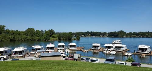 A sunny day at a marina with several boats docked along the water, surrounded by green trees and a clear blue sky.