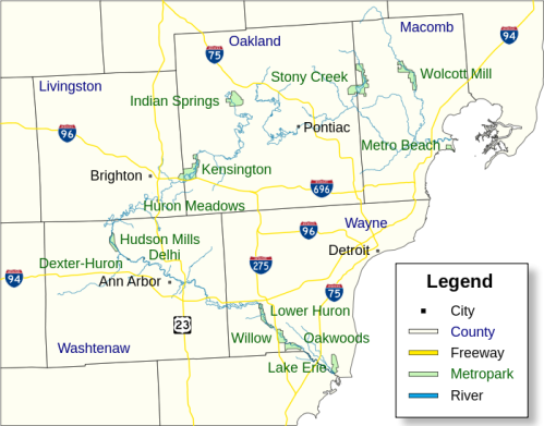 Map of Wayne County, Michigan, showing cities, freeways, rivers, and parks, including Detroit and surrounding areas.