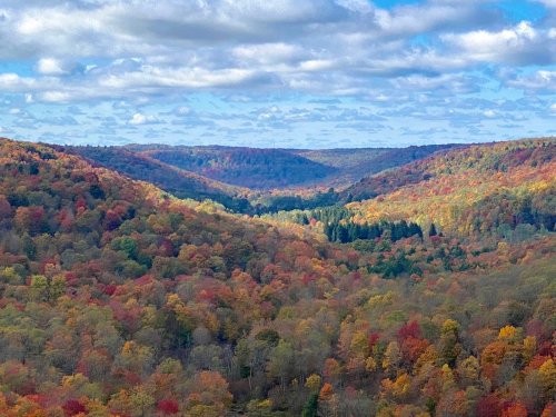 A scenic view of rolling hills covered in vibrant autumn foliage under a partly cloudy sky.