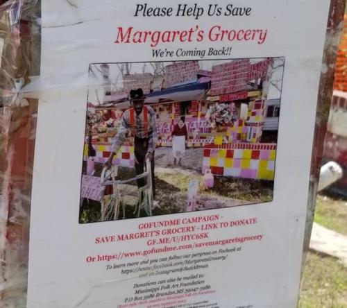 A poster asking for donations to save Margaret's Grocery, featuring a colorful display and a man in front of the store.