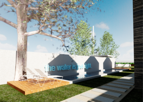 A serene outdoor space featuring a pool, lounge chairs, and trees, with the phrase "the water is just right" displayed.
