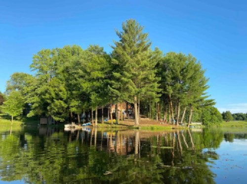 A serene lakeside scene featuring a small island with lush trees and a cabin, reflecting in calm water under a clear blue sky.