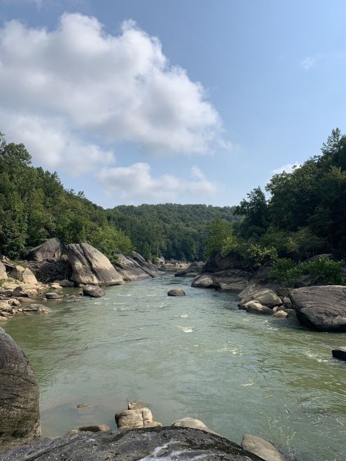 A serene river flows through rocky terrain, surrounded by lush green trees under a partly cloudy sky.