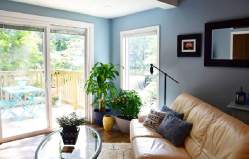 Cozy living room with a beige sofa, plants, and large windows leading to a deck, creating a bright, inviting atmosphere.