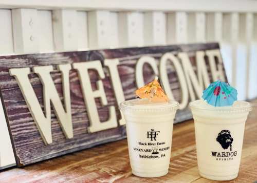 Two drinks with colorful umbrellas sit in front of a wooden "WELCOME" sign.