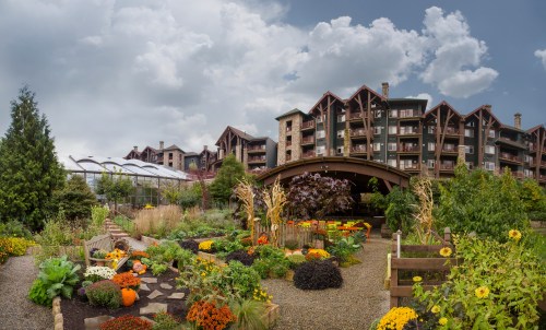 A vibrant garden with colorful flowers and plants in front of a large, rustic building under a cloudy sky.