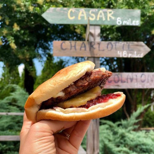 A hand holding a burger with a signpost in the background indicating distances to various towns.