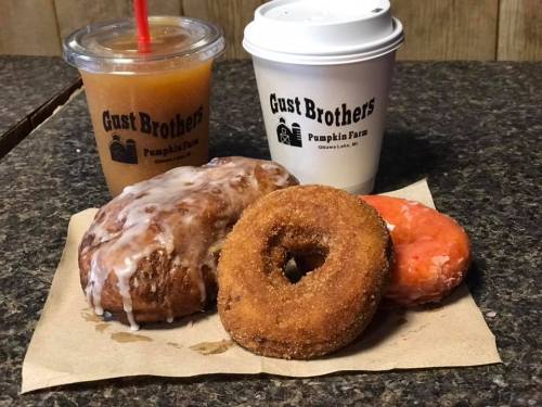 A glazed pastry, two donuts, and iced coffee from Gust Brothers Pumpkin Farm on a paper napkin.