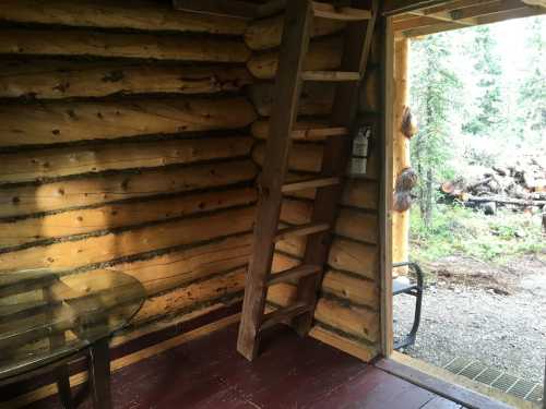Interior of a rustic log cabin with a wooden ladder, a glass table, and an open door leading to a forested area.