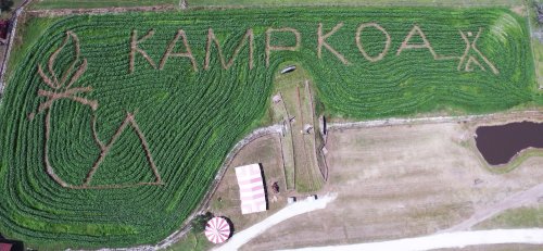 Aerial view of a field with the word "Кампкоаж" and a flame symbol carved into the crops, surrounded by green grass.