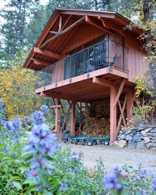 A cozy cabin with a balcony, surrounded by trees and colorful flowers in the foreground. Firewood stacked underneath.