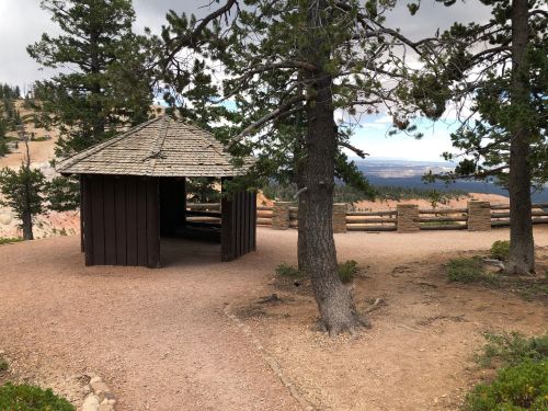 A rustic wooden gazebo surrounded by trees, with a scenic view of a canyon in the background.