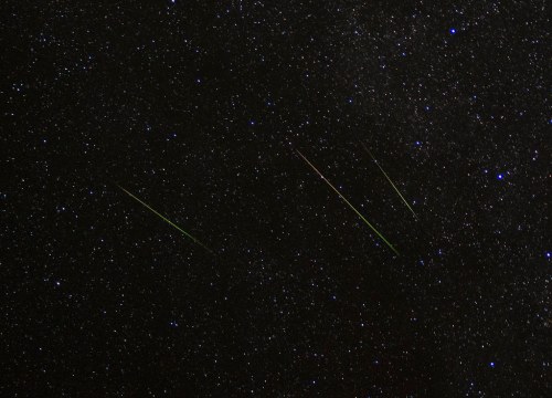 Three bright meteors streak across a star-filled night sky, surrounded by countless twinkling stars.