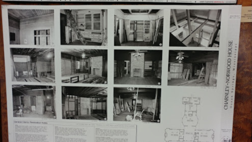 Black and white images of interior renovations at Charnley-Norwood House, with a floor plan and notes.