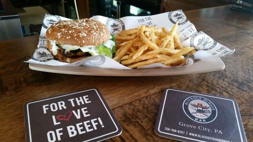 A sesame seed burger with lettuce and sauce, served with a side of golden fries on a branded tray.