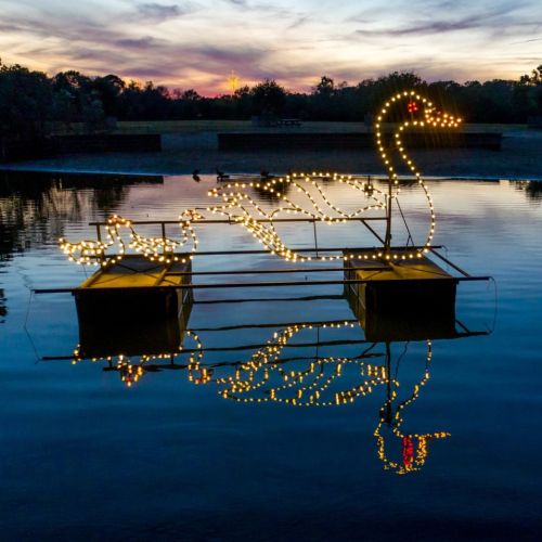 A lit swan sculpture on a raft reflects in calm water at sunset, surrounded by trees and a colorful sky.