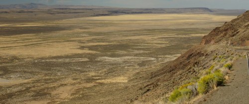 A vast, arid landscape with dry grass and rocky terrain, stretching towards distant mountains under a cloudy sky.