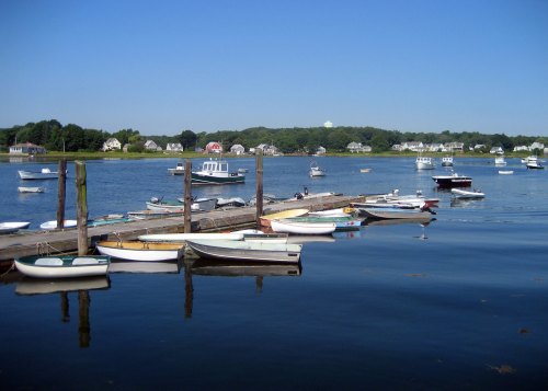 A serene harbor scene with various boats docked and floating on calm water, surrounded by green hills and houses.
