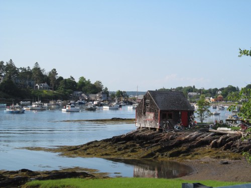 A scenic view of a harbor with boats, a red shed on the shore, and lush greenery under a clear blue sky.