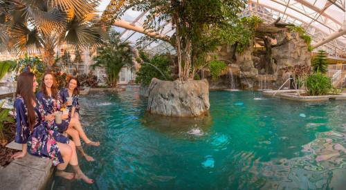 Three women in robes enjoy drinks by a tropical pool with a waterfall and lush greenery in a glass-enclosed space.