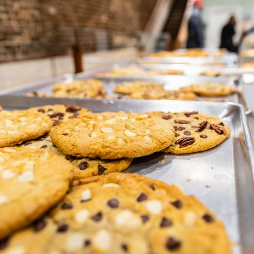 A tray of freshly baked cookies, featuring chocolate chips and nuts, displayed in a cozy bakery setting.