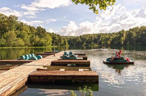A serene lake scene with a wooden dock, pedal boats, and lush green trees under a partly cloudy sky.