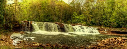A serene waterfall cascades over rocks into a calm pool, surrounded by lush green trees and foliage.
