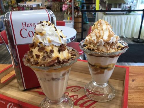 Two delicious ice cream sundaes topped with whipped cream, nuts, and caramel, served in glass dishes on a tray.