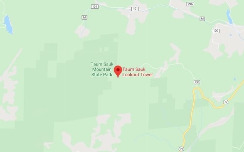 Map showing Taum Sauk Mountain State Park and the Taum Sauk Lookout Tower location in a green landscape.