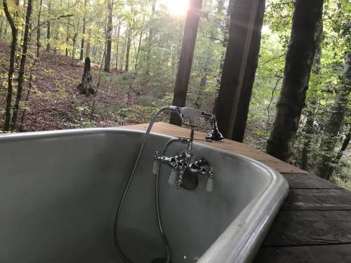 A vintage bathtub on a wooden deck in a forest, with sunlight filtering through the trees in the background.