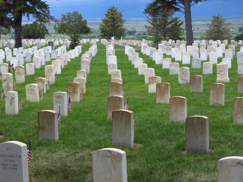 A serene cemetery with rows of white gravestones, each adorned with small American flags, set against a green landscape.