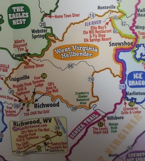 Map of West Virginia highlighting locations like Snowshoe, Richwood, and the Hellbender area with various attractions.