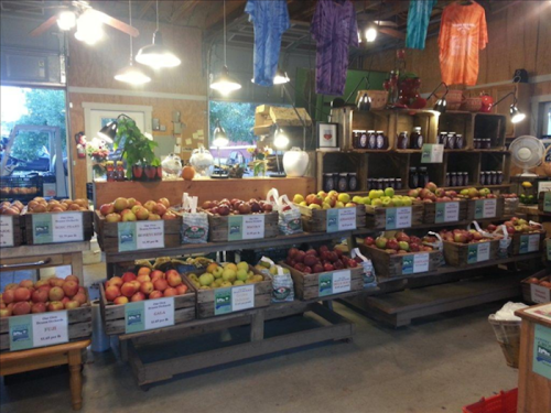A vibrant market display with wooden crates of various fruits, jars of preserves, and colorful shirts hanging above.