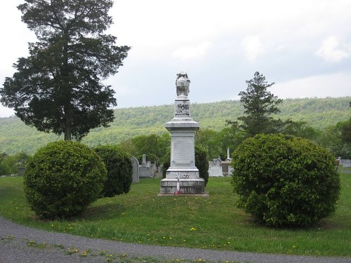 A tall monument surrounded by neatly trimmed bushes in a cemetery, with a green hillside in the background.