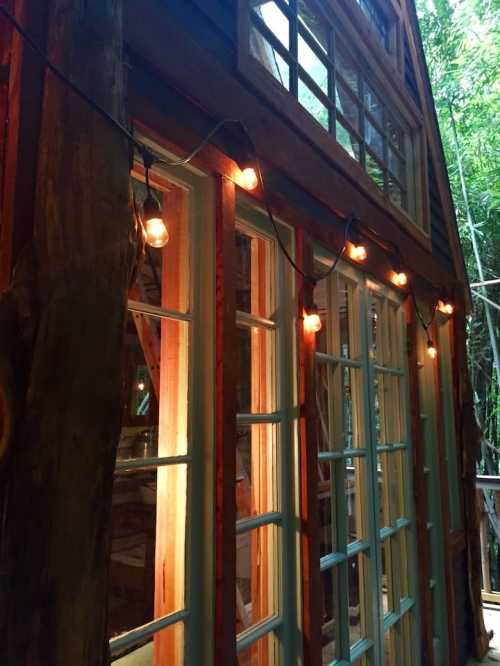 Cozy cabin exterior with string lights, large windows, and a natural wood finish, surrounded by greenery.