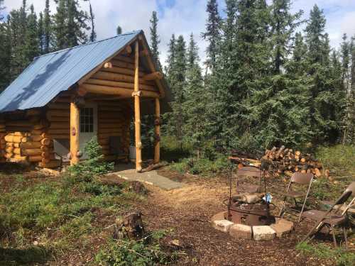 A cozy log cabin surrounded by trees, with a fire pit and chairs in front, set in a natural outdoor setting.