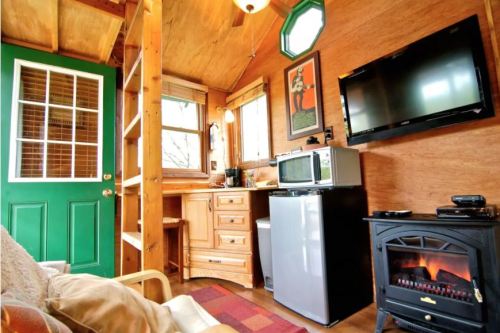 Cozy interior of a tiny home featuring a kitchenette, TV, and a small electric fireplace. Green door adds charm.